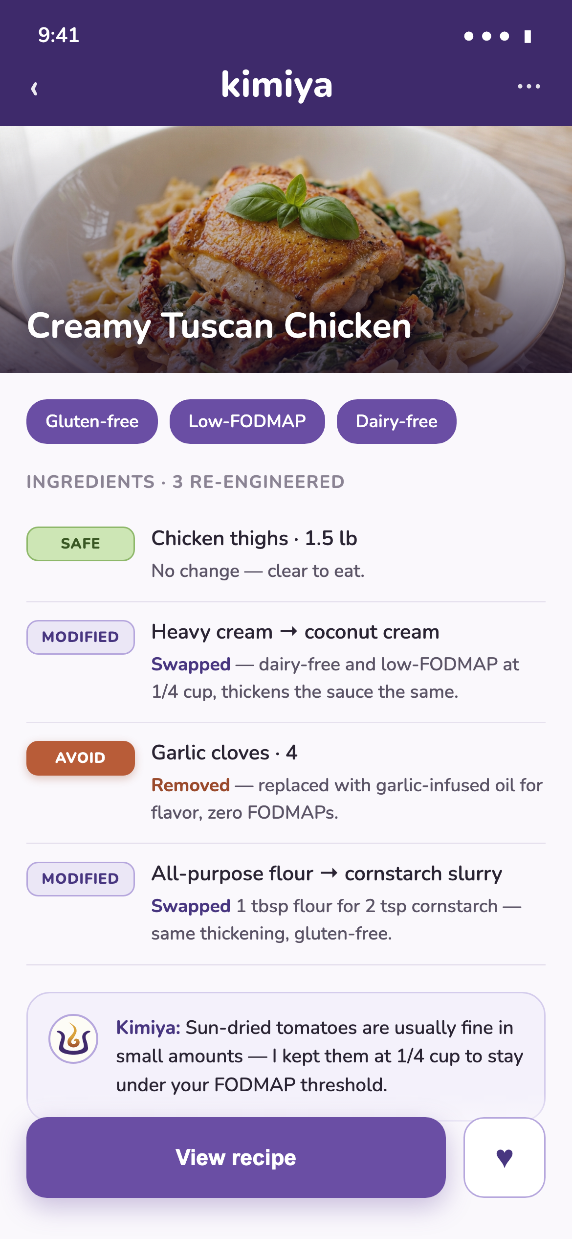 Creamy Tuscan Chicken re-engineered in Kimiya — gluten-free, low-FODMAP and dairy-free, with each swap shown and explained.