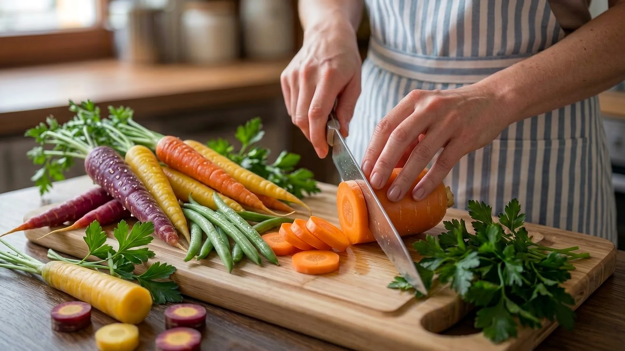 Hands slicing a fresh orange carrot on a wooden cutting board, with rainbow carrots, green beans, and parsley nearby.